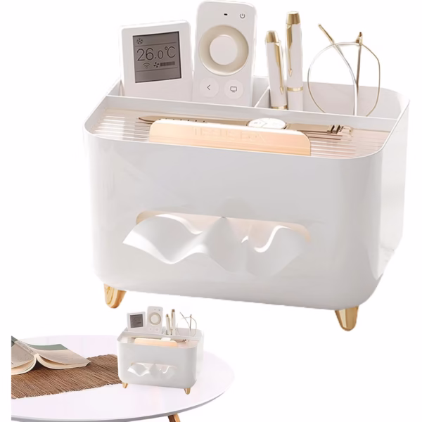 Suport pentru Servetele, Flippy, Cutie Multifunctionala, Design Minimalist, ABS, cu Suport pentru Obiectele Personale, pentru Birou, 21x15x13 cm, Alb - imagine 2