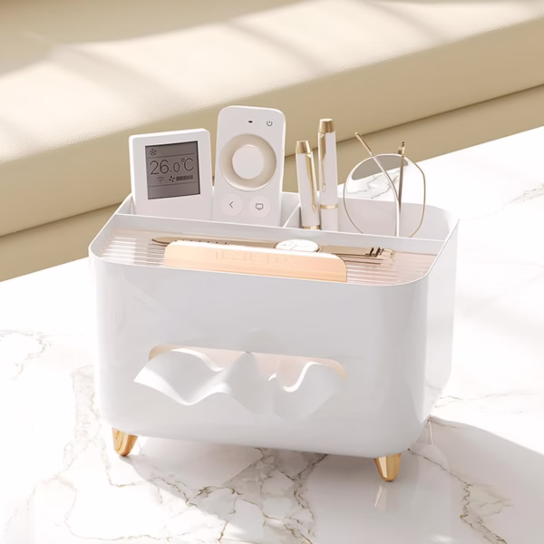 Suport pentru Servetele, Flippy, Cutie Multifunctionala, Design Minimalist, ABS, cu Suport pentru Obiectele Personale, pentru Birou, 21x15x13 cm, Alb - imagine 5
