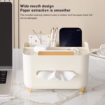 Suport pentru Servetele, Flippy, Cutie Multifunctionala, Design Minimalist, ABS, cu Suport pentru Obiectele Personale, pentru Birou, 21x15x13 cm, Crem - imagine 2