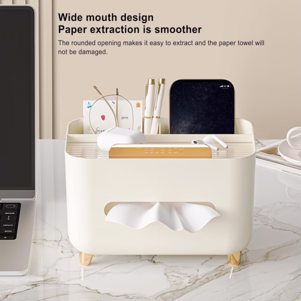 Suport pentru Servetele, Flippy, Cutie Multifunctionala, Design Minimalist, ABS, cu Suport pentru Obiectele Personale, pentru Birou, 21x15x13 cm, Crem - imagine 2