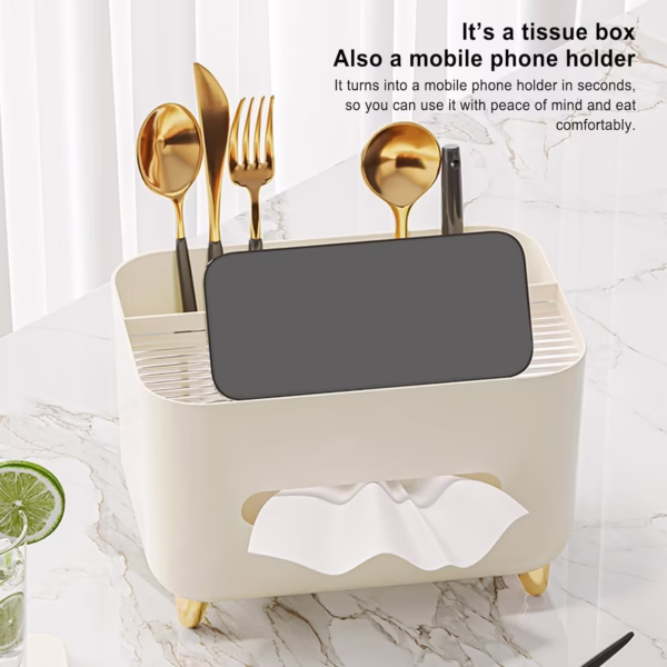 Suport pentru Servetele, Flippy, Cutie Multifunctionala, Design Minimalist, ABS, cu Suport pentru Obiectele Personale, pentru Birou, 21x15x13 cm, Crem - imagine 3