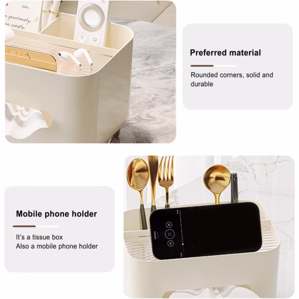 Suport pentru Servetele, Flippy, Cutie Multifunctionala, Design Minimalist, ABS, cu Suport pentru Obiectele Personale, pentru Birou, 21x15x13 cm, Crem - imagine 4
