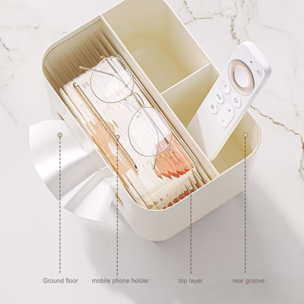 Suport pentru Servetele, Flippy, Cutie Multifunctionala, Design Minimalist, ABS, cu Suport pentru Obiectele Personale, pentru Birou, 21x15x13 cm, Crem - imagine 7