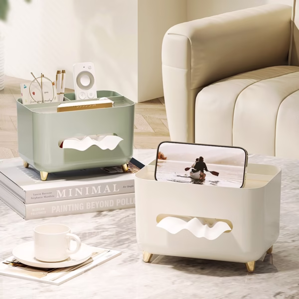 Suport pentru Servetele, Flippy, Cutie Multifunctionala, Design Minimalist, ABS, cu Suport pentru Obiectele Personale, pentru Birou, 21x15x13 cm, Crem - imagine 9