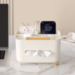 Suport pentru Servetele, Flippy, Cutie Multifunctionala, Design Minimalist, ABS, cu Suport pentru Obiectele Personale, pentru Birou, 21x15x13 cm, Crem - imagine 10