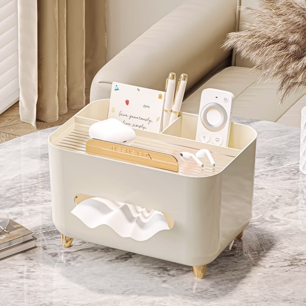 Suport pentru Servetele, Flippy, Cutie Multifunctionala, Design Minimalist, ABS, cu Suport pentru Obiectele Personale, pentru Birou, 21x15x13 cm, Crem - imagine 11