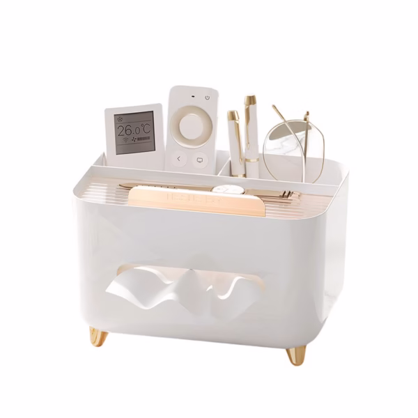 Suport pentru Servetele, Flippy, Cutie Multifunctionala, Design Minimalist, ABS, cu Suport pentru Obiectele Personale, pentru Birou, 21x15x13 cm, Alb - imagine 1