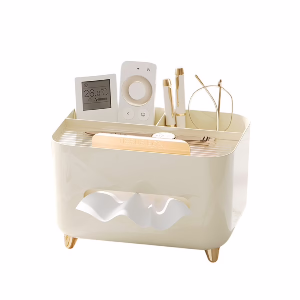 Suport pentru Servetele, Flippy, Cutie Multifunctionala, Design Minimalist, ABS, cu Suport pentru Obiectele Personale, pentru Birou, 21x15x13 cm, Crem - imagine 1