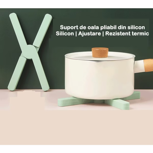 Suport pliabil din silicon pentru vase fierbinti Flippy, portabil, usor de depozitat, rezistent la temperaturi foarte ridicate, 14.5 x 7.5 x 1.6 cm, antialunecare, verde - imagine 4