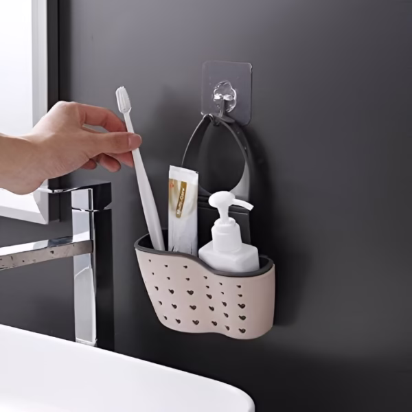 Suport Scurgere pentru Burete si Laveta de Vase Bucatarie, Flippy, Roz, Curea Reglabila, Plastic Flexibil, 15x 5x 21cm - imagine 5
