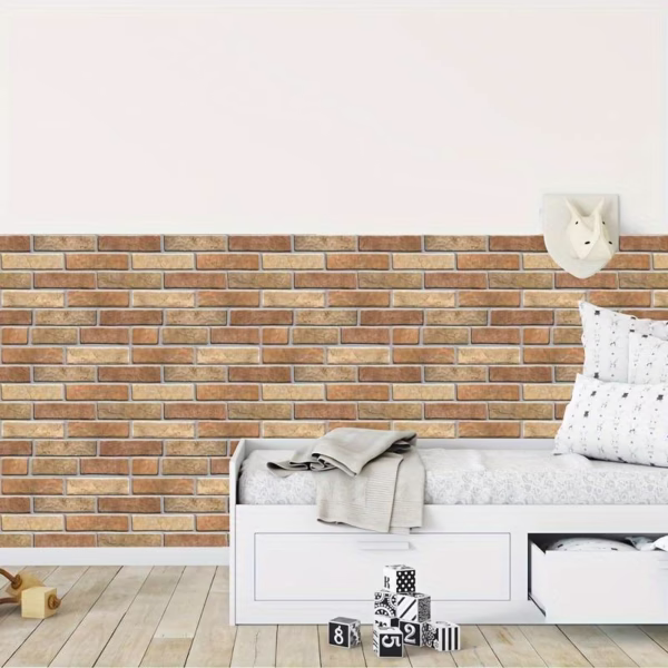 Set 10 x Placi Tapet Autocolant 3D cu Imitatie de Caramida de Piatra, pentru Perete Bucatarie Sufragerie, Usor de Curatat, Rezistent la Apa, Autoadeziv, 30x30 cm, Maro - imagine 6