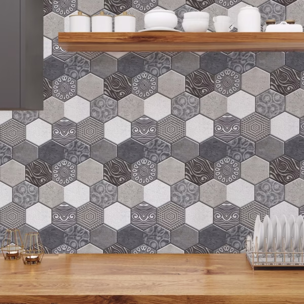 10 x Placi Tapet Autocolant 3D cu Imitatie de Marmura Hexagonala, pentru Perete Bucatarie Sufragerie, Usor de Curatat, Rezistent la Apa, Autoadeziv, 30x30 cm, Gri - imagine 5