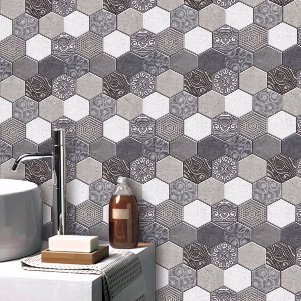 10 x Placi Tapet Autocolant 3D cu Imitatie de Marmura Hexagonala, pentru Perete Bucatarie Sufragerie, Usor de Curatat, Rezistent la Apa, Autoadeziv, 30x30 cm, Gri - imagine 7