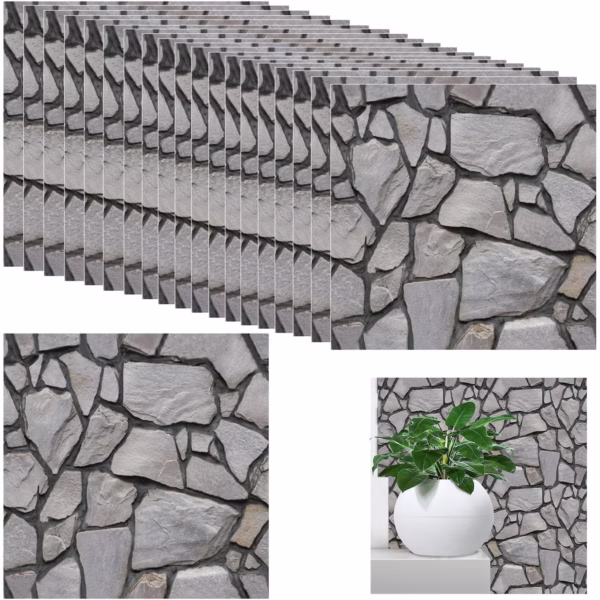 Set 10 x Placi Tapet Autocolant 3D cu Imitatie de Pietre, pentru Perete Bucatarie Sufragerie, Usor de Curatat, Rezistent la Apa, Autoadeziv, 30x30 cm, Gri - imagine 4