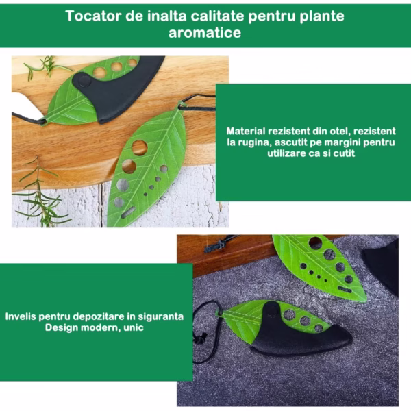 Tocator manual pentru ierburi Flippy, instrument de curatat frunze, tocator, margini ascutie, 9 gauri de diferite dimensiuni, multifunctional, material otel inoxidabil, rezistent la rugina, 14 x 5.5 cm, verde - imagine 5