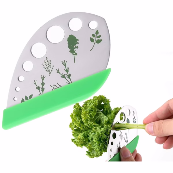 Tocator manual pentru ierburi Flippy, instrument de curatat frunze, margini ascutie, 9 gauri de diferite dimensiuni, multifunctional, material otel inoxidabil, maner ergonomic, rezistent la rugina, 12.3 x 6.9 cm, argintiu - imagine 2