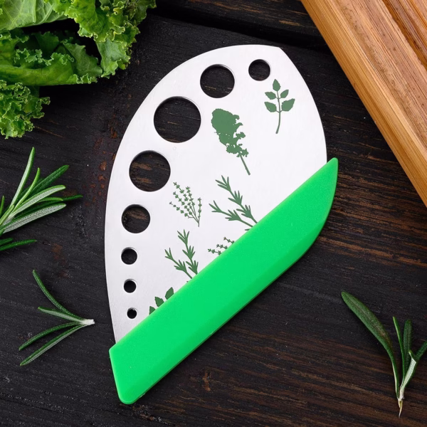 Tocator manual pentru ierburi Flippy, instrument de curatat frunze, margini ascutie, 9 gauri de diferite dimensiuni, multifunctional, material otel inoxidabil, maner ergonomic, rezistent la rugina, 12.3 x 6.9 cm, argintiu - imagine 4
