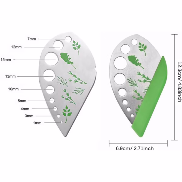 Tocator manual pentru ierburi Flippy, instrument de curatat frunze, margini ascutie, 9 gauri de diferite dimensiuni, multifunctional, material otel inoxidabil, maner ergonomic, rezistent la rugina, 12.3 x 6.9 cm, argintiu - imagine 8