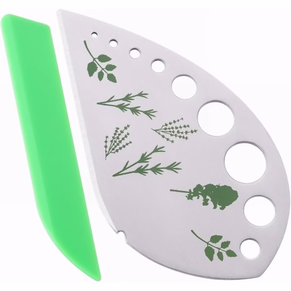 Tocator manual pentru ierburi Flippy, instrument de curatat frunze, margini ascutie, 9 gauri de diferite dimensiuni, multifunctional, material otel inoxidabil, maner ergonomic, rezistent la rugina, 12.3 x 6.9 cm, argintiu - imagine 1