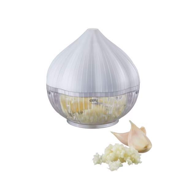 Tocator manual pentru usturoi, in forma de usturoi, cutite rezistente, utilizare prin apasare, material ABS si inox, 9.5x9.5x9.3 cm, alb - imagine 3