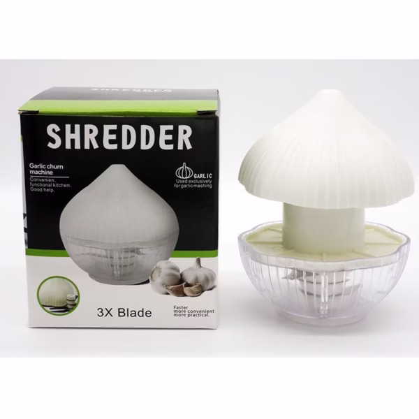 Tocator manual pentru usturoi, in forma de usturoi, cutite rezistente, utilizare prin apasare, material ABS si inox, 9.5x9.5x9.3 cm, alb - imagine 4