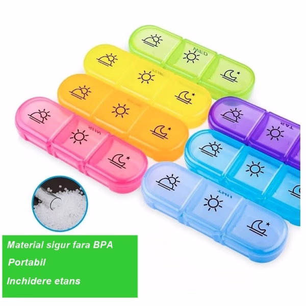Cutie Depozitare Medicamente, Flippy, 7 Zile, 21 Compartimente, Cutie Suport, Recipiente Detasabile, Portabila, Multicolor, Cutie Transparenta, 15.6x12 cm - imagine 3