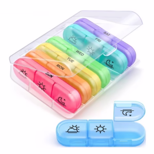 Cutie Depozitare Medicamente, Flippy, 7 Zile, 21 Compartimente, Cutie Suport, Recipiente Detasabile, Portabila, Multicolor, Cutie Transparenta, 15.6x12 cm