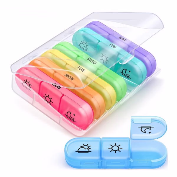 Cutie Depozitare Medicamente, Flippy, 7 Zile, 21 Compartimente, Cutie Suport, Recipiente Detasabile, Portabila, Multicolor, Cutie Transparenta, 15.6x12 cm - imagine 1