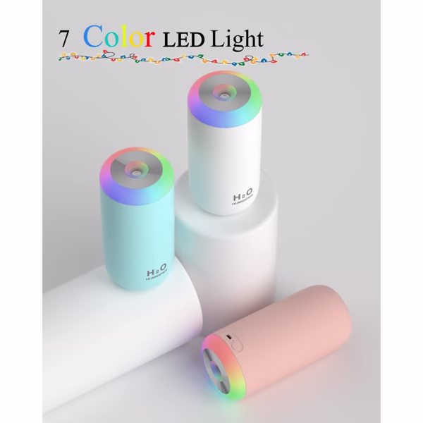 Umidificator, H2O, cu Difuzor de Aroma, Lumina de Noapte LED in 7 Culori, Zgomot Redus, 14.7x7.2cm, 350mL, Culoare Roz - imagine 2