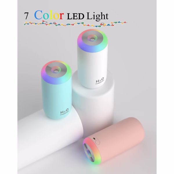 Umidificator, H2O, cu Difuzor de Aroma, Lumina de Noapte LED in 7 Culori, Zgomot Redus, 14.7x7.2cm, 350mL, Culoare Albastra - imagine 4