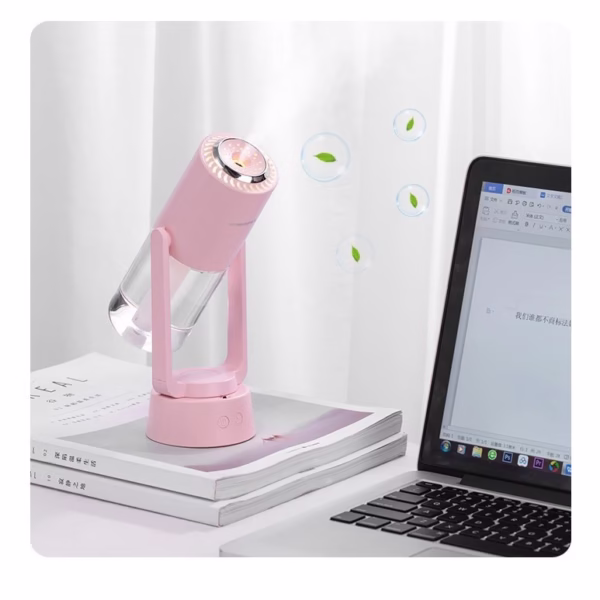 Umidificator si Purificator aer ultrasonic portabil, rezervor 200ml, cu ioni negativi, LED 7 culori, rotatie 360 grade, Roz - imagine 4