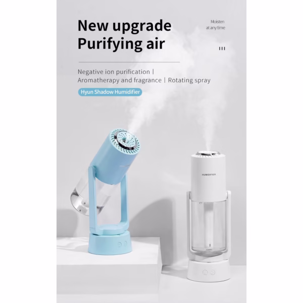 Umidificator si Purificator aer ultrasonic portabil, rezervor 200ml, cu ioni negativi, LED 7 culori, rotatie 360 grade, Turcoaz - imagine 2