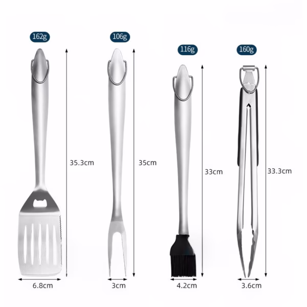 Set 4 ustensile pentru gratar Flippy, din otel inoxidabil, cu agatatoare, rezistente la temperaturi ridicate, argintiu - imagine 4