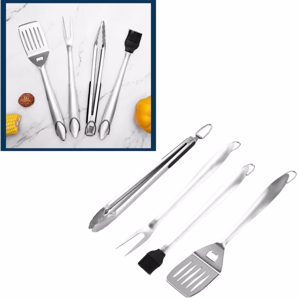 Set 4 ustensile pentru gratar Flippy, din otel inoxidabil, cu agatatoare, rezistente la temperaturi ridicate, argintiu - imagine 5