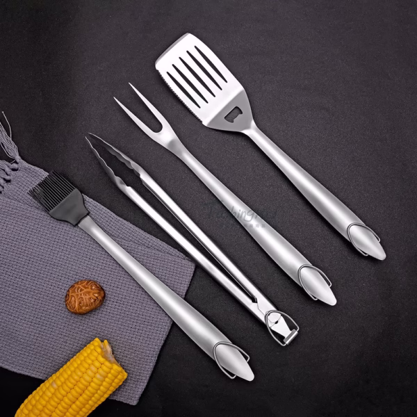 Set 4 ustensile pentru gratar Flippy, din otel inoxidabil, cu agatatoare, rezistente la temperaturi ridicate, argintiu - imagine 8