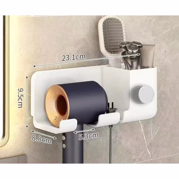 Suport de Baie, Flippy, pentru Uscator de Par, cu Organizator Dublu, din Plastic, Aplicare cu Suport Adeziv, 23 x 8.8 x 9.5 cm, Alb - imagine 5