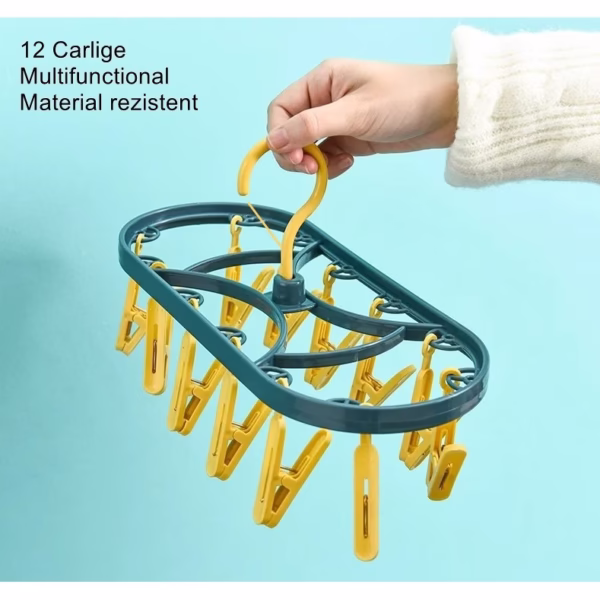 Uscator de Rufe Suspendat Flippy, cu 12 Carlige, Rotire 360 Grade, Protectie Vant, Mateiral Plastic, Usor de Depozitat, Multifunctional, 30 x 12.5 cm, Albastru/Galben - imagine 4