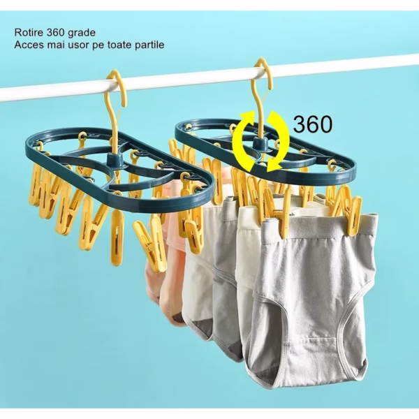 Uscator de Rufe Suspendat Flippy, cu 12 Carlige, Rotire 360 Grade, Protectie Vant, Mateiral Plastic, Usor de Depozitat, Multifunctional, 30 x 12.5 cm, Albastru/Galben - imagine 5