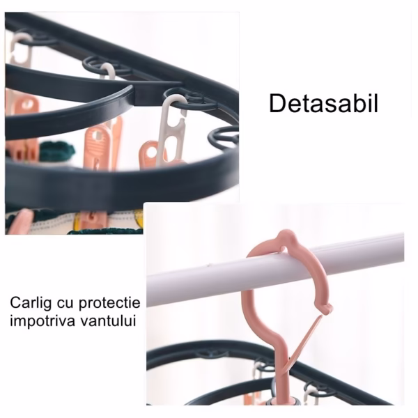 Uscator de Rufe Suspendat Flippy, cu 12 Carlige, Rotire 360 Grade, Protectie Vant, Mateiral Plastic, Usor de Depozitat, Multifunctional, 30 x 12.5 cm, Albastru/Roz - imagine 2