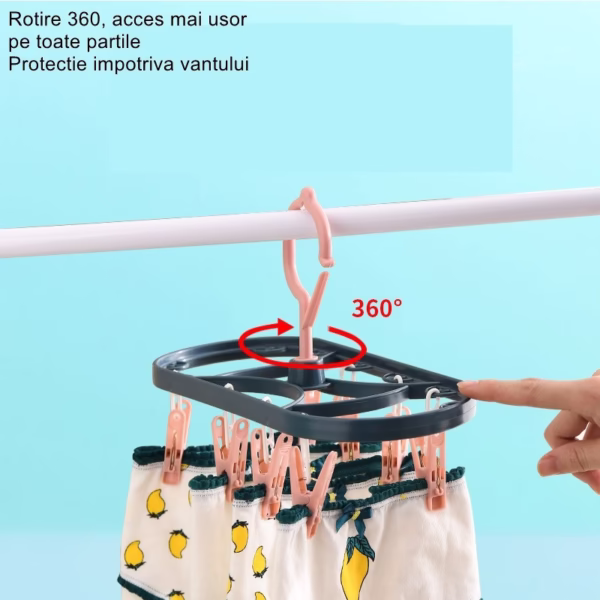 Uscator de Rufe Suspendat Flippy, cu 12 Carlige, Rotire 360 Grade, Protectie Vant, Mateiral Plastic, Usor de Depozitat, Multifunctional, 30 x 12.5 cm, Albastru/Roz - imagine 3