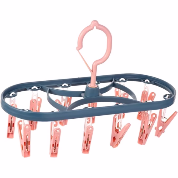 Uscator de Rufe Suspendat Flippy, cu 12 Carlige, Rotire 360 Grade, Protectie Vant, Mateiral Plastic, Usor de Depozitat, Multifunctional, 30 x 12.5 cm, Albastru/Roz - imagine 1
