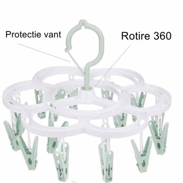Uscator de Rufe Suspendat Flippy, cu 16 Carlige, Rotire 360 Grade, Mateiral Plastic, Usor de Depozitat, Multifunctional, 26 x 21 cm, Verde - imagine 3