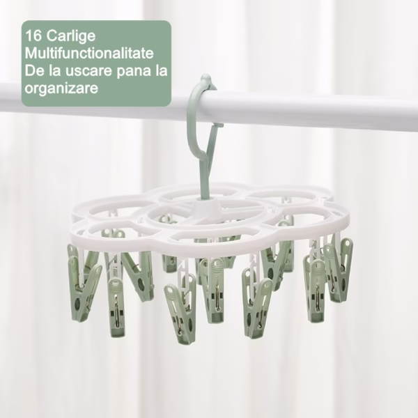 Uscator de Rufe Suspendat Flippy, cu 16 Carlige, Rotire 360 Grade, Mateiral Plastic, Usor de Depozitat, Multifunctional, 26 x 21 cm, Verde - imagine 4