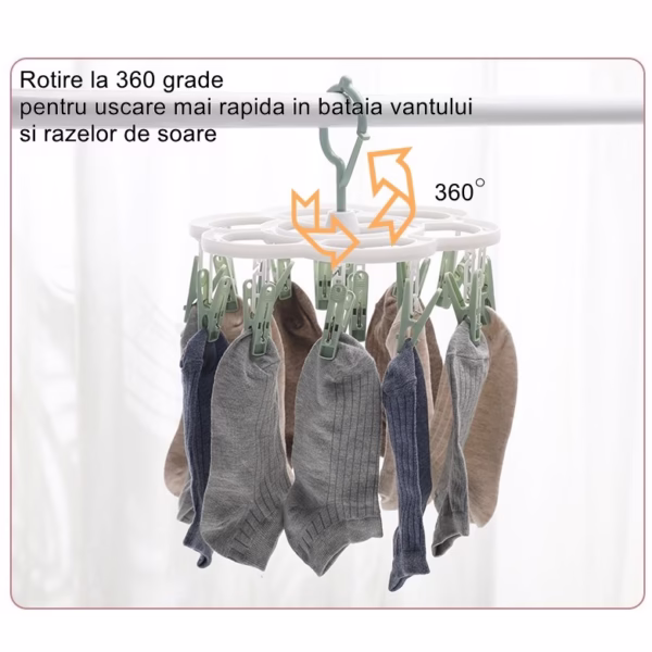 Uscator de Rufe Suspendat Flippy, cu 16 Carlige, Rotire 360 Grade, Mateiral Plastic, Usor de Depozitat, Multifunctional, 26 x 21 cm, Verde - imagine 5