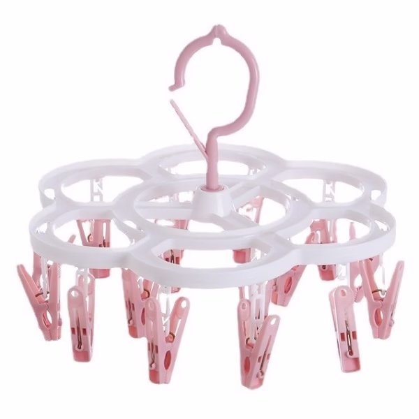 Uscator de Rufe Suspendat Flippy, cu 16 Carlige, Rotire 360 Grade, Mateiral Plastic, Usor de Depozitat, Multifunctional, 26 x 21 cm, Roz - imagine 1