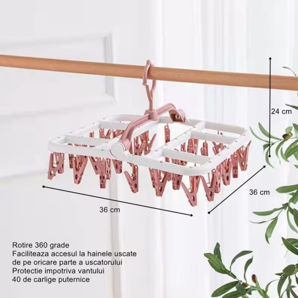 Uscator de Rufe Suspendat Flippy, cu 40 Carlige, Rotire 360 Grade, Protectie Vant, Pliabil, Patrat, Mateiral Plastic, Usor de Depozitat, Multifunctional, 36 x 24 cm, Alb/Roz - imagine 3