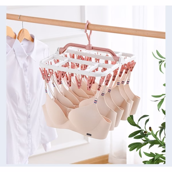 Uscator de Rufe Suspendat Flippy, cu 40 Carlige, Rotire 360 Grade, Protectie Vant, Pliabil, Patrat, Mateiral Plastic, Usor de Depozitat, Multifunctional, 36 x 24 cm, Alb/Roz - imagine 6