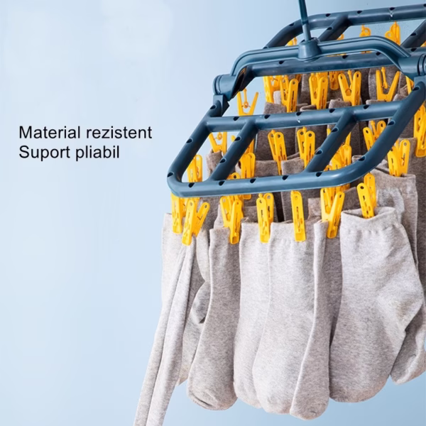 Uscator de Rufe Suspendat Flippy, cu 40 Carlige, Rotire 360 Grade, Protectie Vant, Pliabil, Patrat, Mateiral Plastic, Usor de Depozitat, Multifunctional, 36 x 24 cm, Albastru/Galben - imagine 2