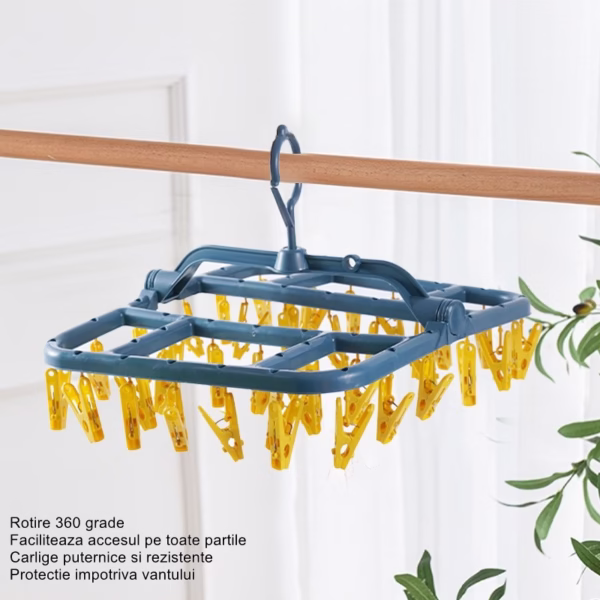 Uscator de Rufe Suspendat Flippy, cu 40 Carlige, Rotire 360 Grade, Protectie Vant, Pliabil, Patrat, Mateiral Plastic, Usor de Depozitat, Multifunctional, 36 x 24 cm, Albastru/Galben - imagine 4