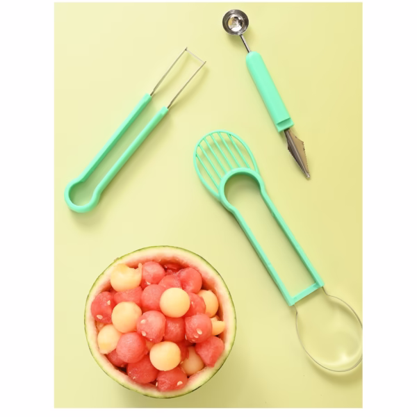 Ustensila bucatarie 4 in 1 pentru taiat si decorat fructe Flippy, material inox si plastic, compact, 28x6.2 cm, verde - imagine 2
